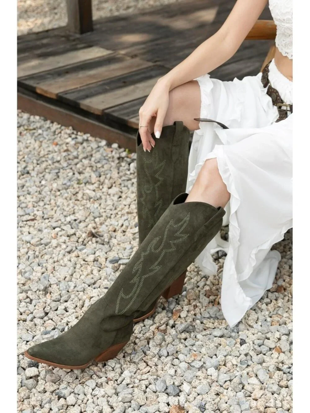 Women's Green Pointed Toe Faux Leather Block Heel Heel Over The Knee Boots